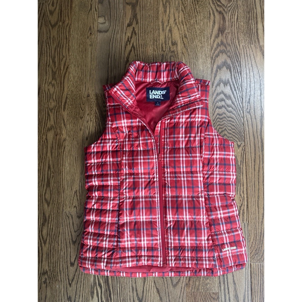Lands' End Plaid Down Puffer Vest Women's Size Small Red Zip Lightweight